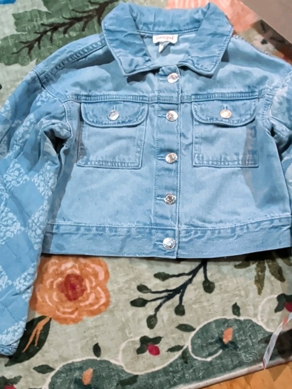 Cat & Jack Girls Kids Blue Floral Denim Jacket Button Blue Jean Jacket Sz S 6/7